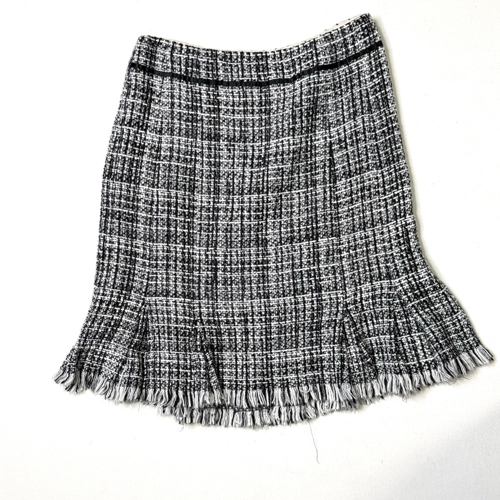 Etcetera Black and White Tweed A-Line Skirt with Fringe Hem Size 0